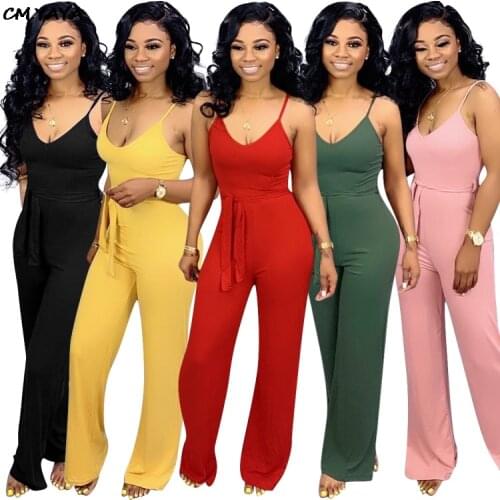 2019 women spaghetti strap sleeveless with sashes wide leg long jumpsuit casual active wear romper fashion playsuit outfit M6160