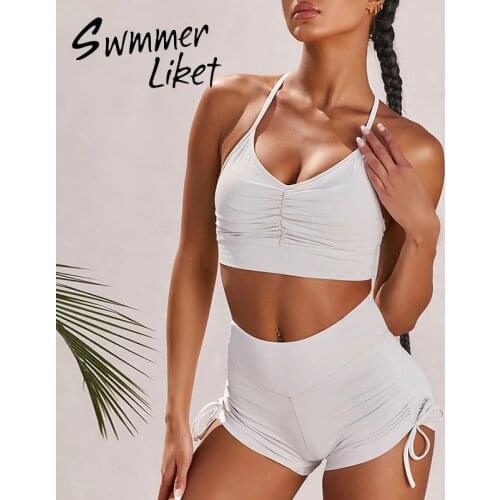 Short sleeves yoga set High Waist Shorts Sportswear Knot two piece suit female Vital Seamless Sport Suit Gym Clothes Folds Set
