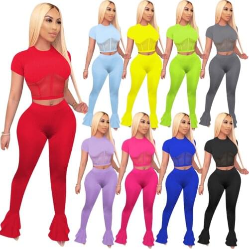 Sexy Women Crop Tops + Flares Pants 2 Pieces Set Summer Fashion Streetwear Elegant Outfits Tracksuit Matching Sets Plus Size