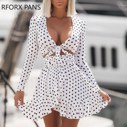 Women Polkadot Print Long Sleeve Knotted Top & Skirt Set Bodycon Set for Women Dress 2021