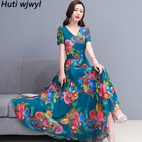 Summer Vintage Casual Boho Beach Midi Sundress Elegant Women Bodycon Party Long Vestidos 2021 Floral Chiffon Vacation Maxi Dress