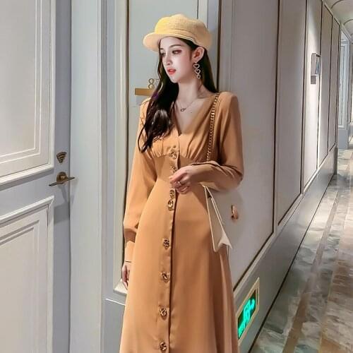 New V-neck Long Dress Female 2019 Early Autumn Long-sleeved Single-breasted Slim Long A-line Dress Vestidos Women