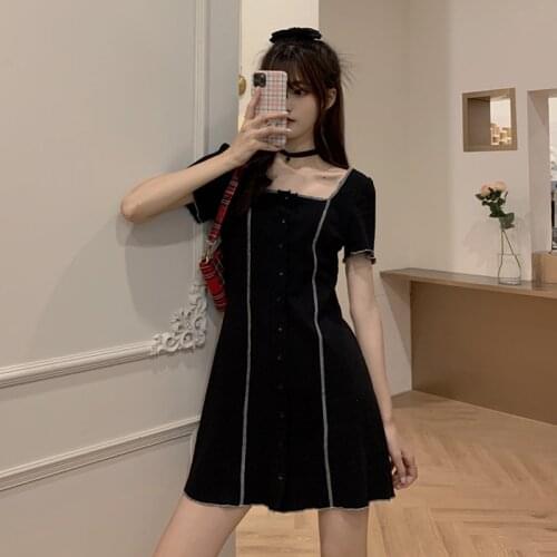 Eam Dress Black Square Collar Dress Female Summer New Hot Girl Design Slim and Thin Temperament Skirt