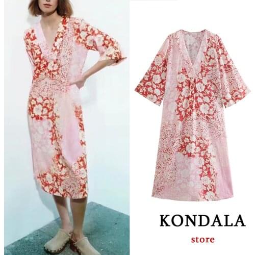 KONDALA Women Chic Floral Print Vintage Loose Long Dress V Neck Oversized Casual Dress Elegant Summer Vestidos