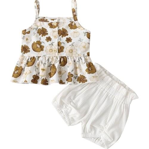 Baby Girl Clothes Floral Sleeveless Toddler Kids Summer Outfits Children Ruffles Vest Tops and Bloomer Shorts 2 Packs Set 1-5T