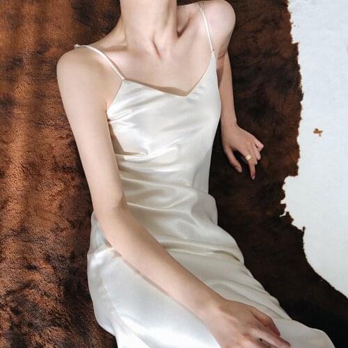 Satin V-neck suspender dress womens summer silk small black dress sexy long style with base skirt