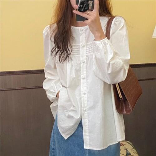 Alien Kitty Korean Round Neck Solid Color Simple Versatile Long Sleeve Shirts 2021 Autumn Fashion Gentle Single Breasted Blouses