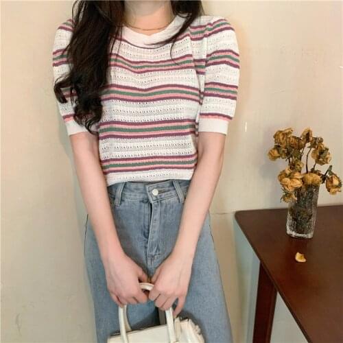 Blouse Round Neck Hollow Striped Short Sleeve Knit Sweater Thin Womens Summer New Slim Thin Short Top