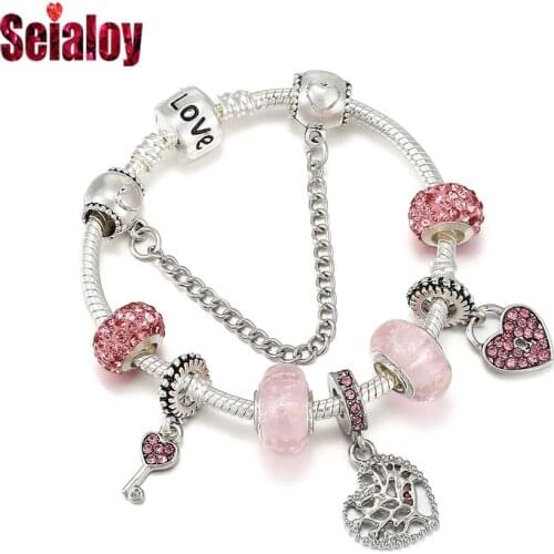 Seialoy Pink Rhinestone Heart Lock & Key & Tree Of Life Pendant Bracelets For Women Girl Luminous Glass Beads LOVE Bracelet