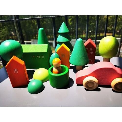 Children Wooden Toys Rainbow Blocks Forest Trees Creative Building Castle Rainbow house Dolls for Baby
