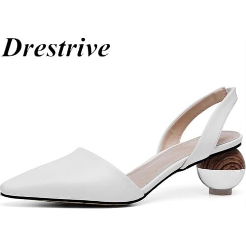 Drestrive 2021 Cow Leather Women Sandals Big Size 32-43 Sheepskin Lining Med Heel 5 Cm Dress Pointed Toe Woman Summer Shoes