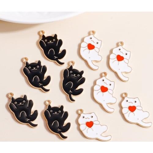 10pcs 16*30mm 2 Color Cute Enamel Cat Charms for Jewelry Making Love Heart Charms DIY Pendants Earrings Necklaces Accessories