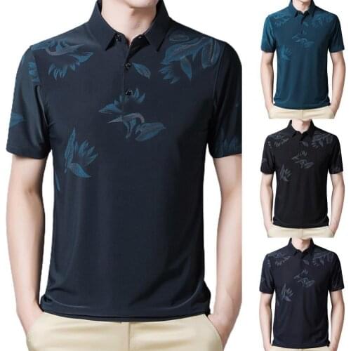 T-shirt Floral Print Short Sleeve Polyester Men Turn Down Collar Shirt Top for Summer
