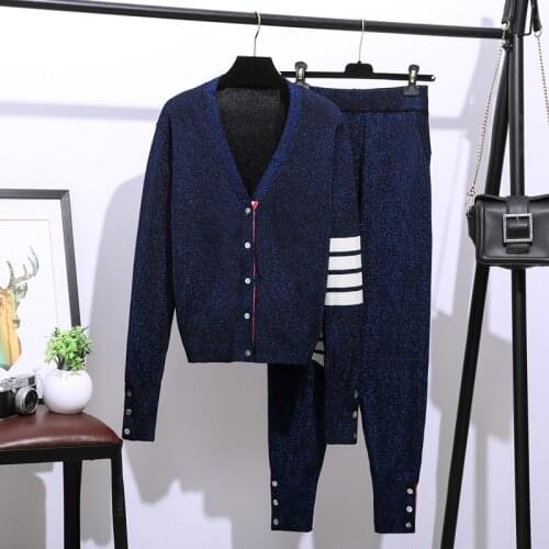 High quality womens kint pantsuits fashion V-neck cardigans coat + casual pants two piece set elegant women suit A885