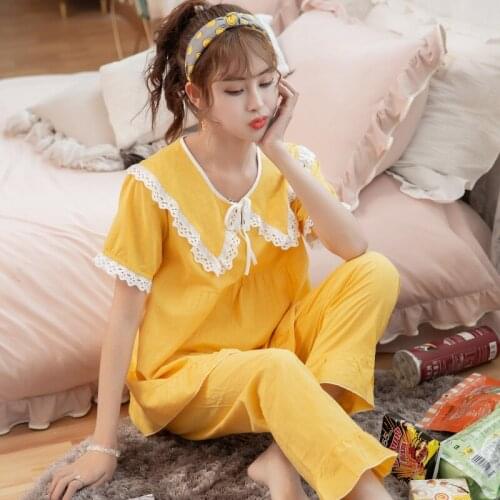 Home service suit spring and summer womens doll collar cotton yellow pajamas Korean lace sweet and cute pijamas women pink blue