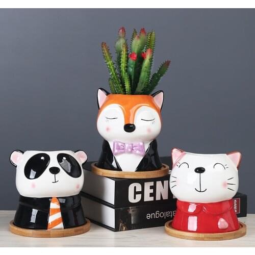 Cute Cartoon Animal Ceramic Flower Pot Desktop Panda Fox Decorative Plant Small Flowerpot