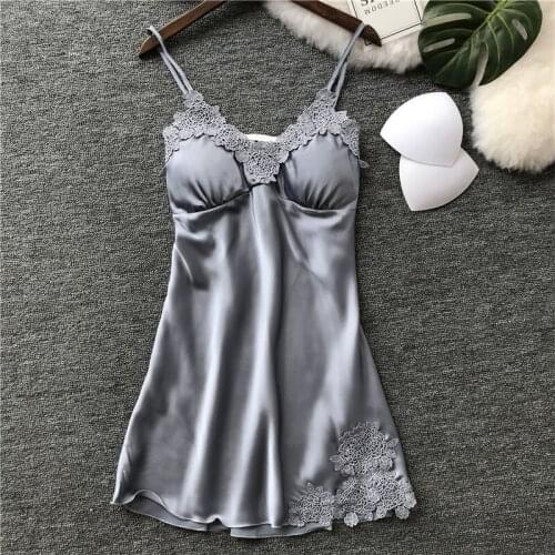 SR027 Summer Faux Silk Womens Sleepwear V-Neck Sexy Nightdress Casual Nightgown With Paded Comfortable Lace Solid Nightwear