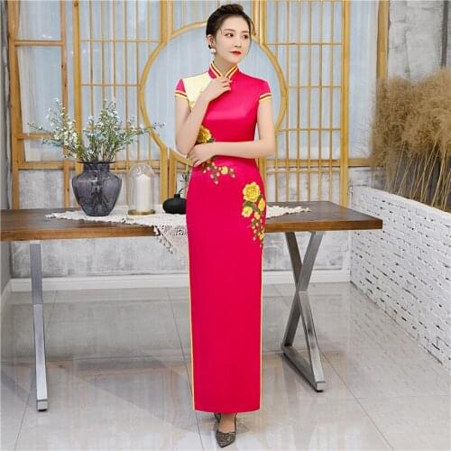 Plus Size 5XL New Women Satin Long Fork Cheongsam Wedding Evening Party Dress Elegant Classic Short Sleeve Vintage Button Qipao