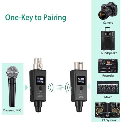 Transmitter for Dynamic Mic or DI/XLR Output Devices with Power Indication Receiver for Speakers or PA System/Recording
