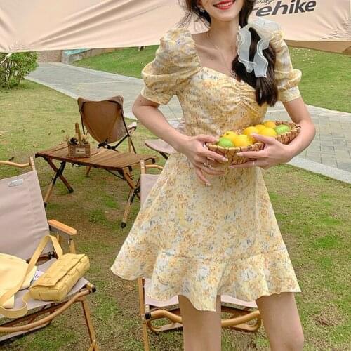 Hstar Korean 2021 Summer Square Collar Yellow Mini Dress Short Sleeve Sweet Floral Printed Dress Beach Elegant Holiday Dress