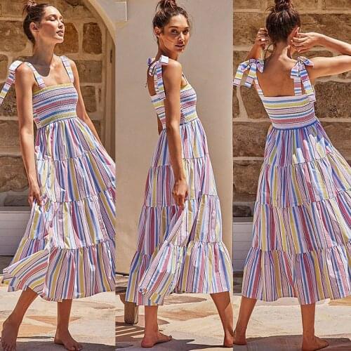 Womens Summer Sling Dress Sexy Backless Fashion Print Striped Tube Top Lace Up Sleeveless Dress Ladies Beach Holiday Long Skirt