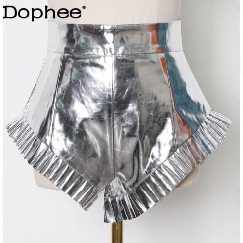 Silver High Waist Zipper Pu Rushed Shorts Female Fashion Loose Casual Minimalist Shorts Summer 2021 New Fashion Womens Clothing