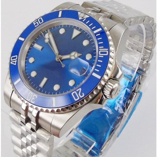 BLIGER Brand Blue Men Wristwatch NH35 Automatic Movement SUNBURST Dial Unidirectional Bezel Jubilee Band Spphire Crystal