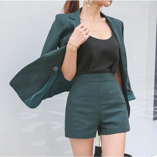 Korean-Style Mid-Length All-match Plaid Jacket Pants Set Summer Thin Casual Suit 2 Pieces Set Office Women Clothing