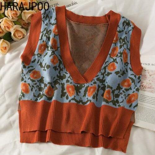 Harajpoo Women Tank 2021 Autumn Vintage Style Retro Full Printing Knitted Vest Sleeveless New Loose Thin Cropped Trend Sweater