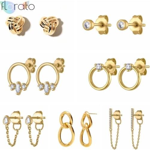 925 Sterling Silver Ear Needle CZ Stud Earrings For Women Simple Geometry Circle Earrings Korean Chain Earrings Jewelry Gift