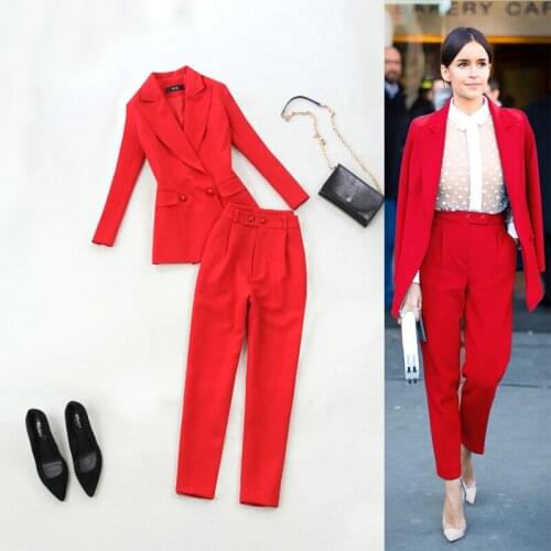Women two piece outfits womens spring new fashion big red waist double-breasted suit jacket + high waist pants set