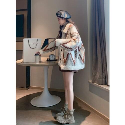 Spring and autumn sweater coat womens new lazy style lamb wool thick loose Korean knit cardigan outer wear woman sweaters