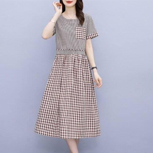 Plaid Patchwork Fashion Women Summer Dress Cotton Office Lady OL Work Dress Holiday Travel Casual Midi Dress Vintage Dress