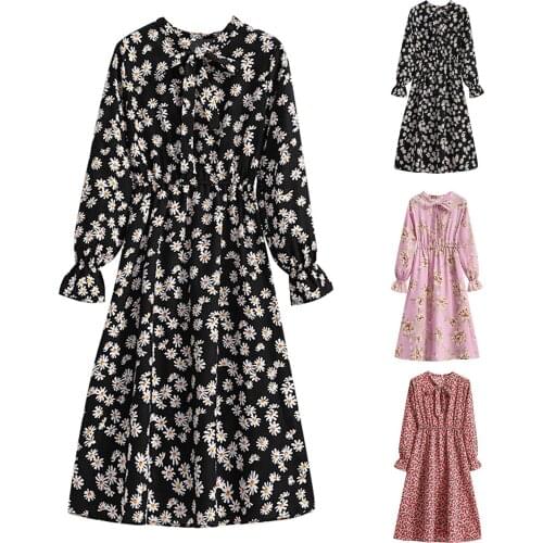 Women Bowknot Nack Bottoming Dress Slim Long-sleeved Elastic Waist Mid-length Floral Dress Spring Autumn Elegant Ladies Dresses