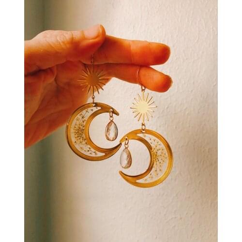 The Golden Preserved Crescent Moons with Crystals Earrings, Wanderlust Jewelry, Hypoallergenic