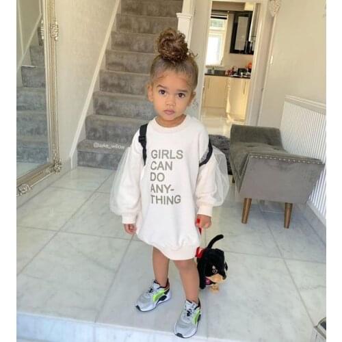 1-6Years Toddler Baby Girl Sweatshirt Dress Girls Mesh Long Sleeve Letter Printed Fall Winter Pullover Long Tops Outfits