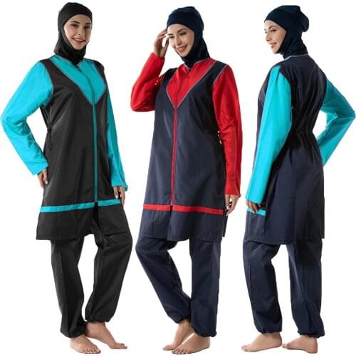 2019 Women Muslim Bathing Suit With Cap Hijab Swimsuit Beachwear Women Swimwear Full Cover Burkini Sport Patchwork Swimming Suit