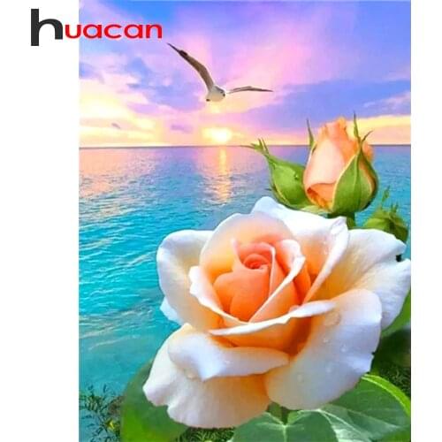 Huacan 5D DIY Mosaic Full Square/Round Diamond Painting Rose Seaside Diamond Embroidery Flower Seagull Morning Stitch Picture
