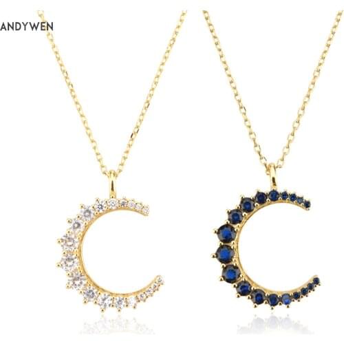 ANDYWEN 925 Sterling Silver Gold Clear Blue Moon Pendant Chain Necklace Long Choker Fine Jewelry 2021 Wedding Gift Luxury Gift