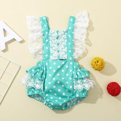 Summer 2021 New Baby Clothing Newborn Infant Baby Girl Sleeveless Flower Lace Polka Dot Frill Halter Romper Casual Clothes 0-24M