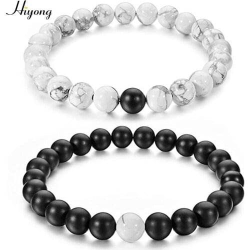 HIYONG 2Pcs/Set Couples Distance Bracelets Black Matte & White Howlite 8mm Beads Bracelet Natural Stone for Lovers Gifts Jewelry