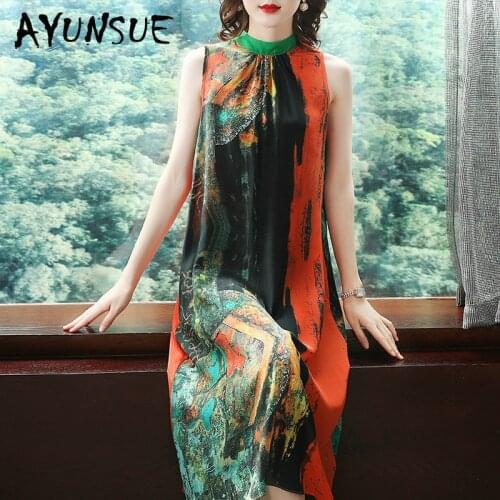 Summer Dress Real Silk Dress Women Korean Fashion Midi Beach Dress Elegant Vintage Party Women Dress Vestido Mujer 850 YY2656