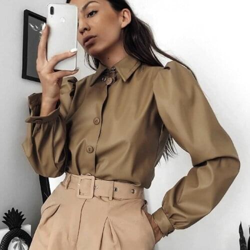 Fashion Cool Girl Puff Long Sleeve Single Breasted Ladies Faux Leather Shirt Autumn Winter Solid Khaki Tops Blouse Women Shirts