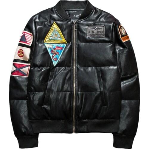 Brand Embroidery Leather Jackets Men Stand Collar Hip Hop Military MA-1 Pu Leather Jacket High Street Baseball Jacket Streetwear