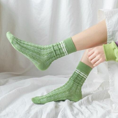 1 Pair New Women Cotton Long Socks Casual Fashion Solid Color Stripe Style Socks Green Summer Breathable Cute Soft Girls Socks