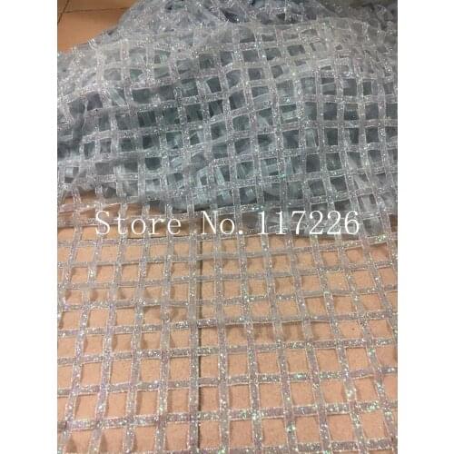 Newest african glued glitter tulle mesh fabric with shinny glued glitter sequins lace fabric for party dress