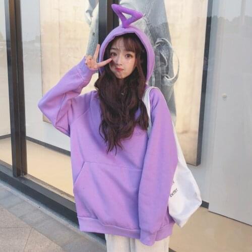 Autumn Winter womens Teletubbies Solid Color Loose Plus Velvet Women Harajuku BF Sweatshirt