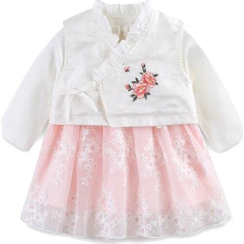 Little Girls Long Sleeve Flowers Embroidery Pink Lace Patchwork Han Clothing Dresses Fashion Chinese Style Dresses