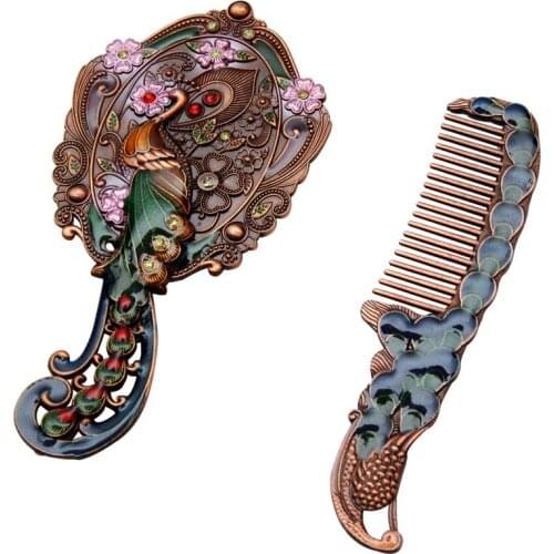 Retro small makeup mirror comb set portable portable peacock handle mirror set birthday small gift
