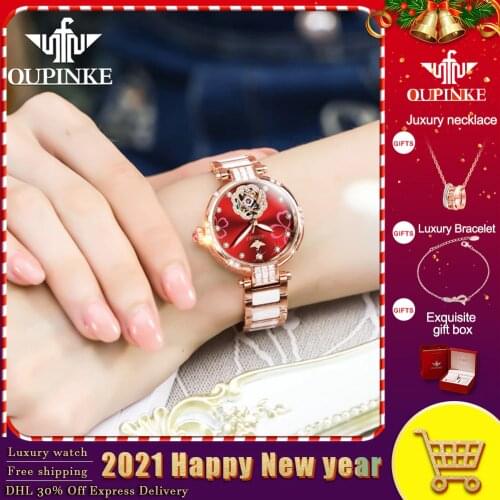 OUPINKE Top Luxury Brand Automatic Mechanical Women Watch Tungsten Steel Watchstrap Waterproof Gift Box Automatic Watches Women
